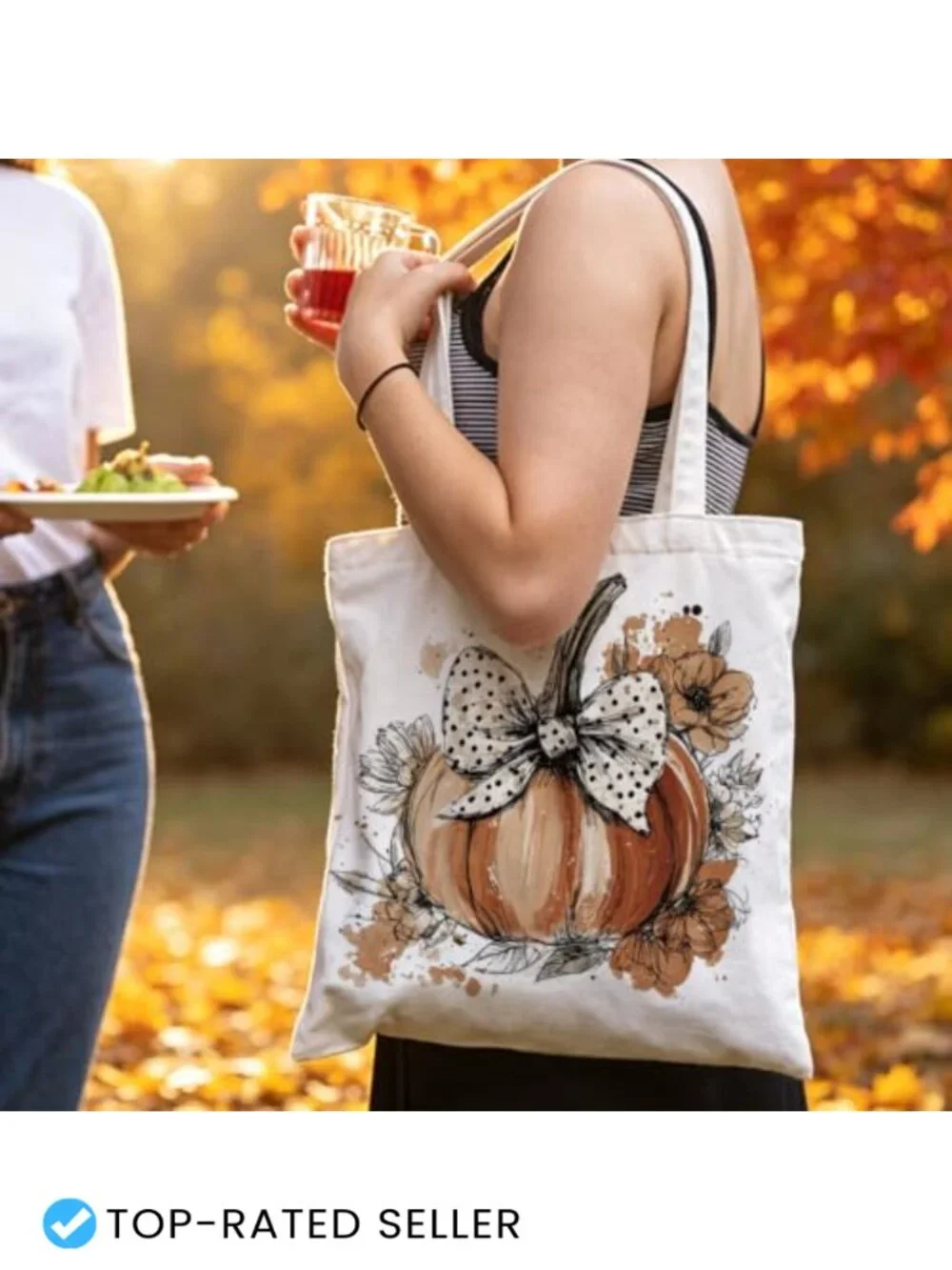 Floral Canvas Tote Bag Pumpkin Spice Fall Autumn Handbag Shoulder Purse